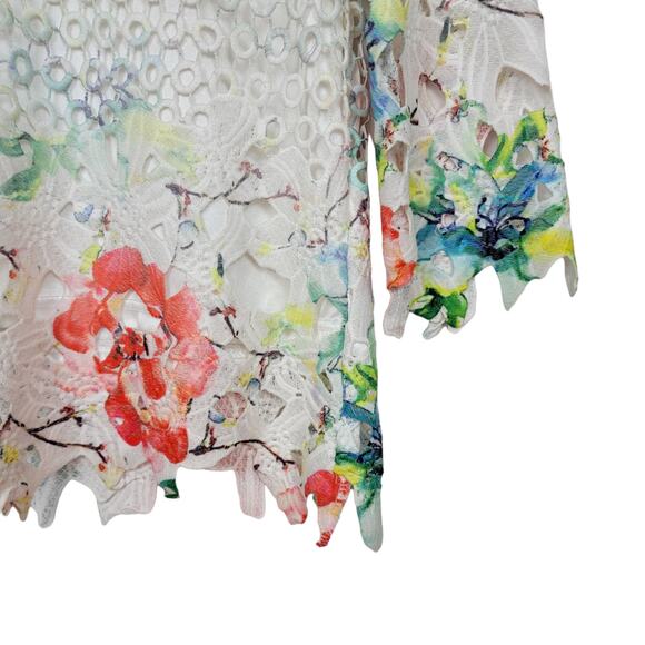 DAMEE INC. White, Pink, Green Crochet Floral Boatneck Layered Tunic - Size S - Picture 5 of 6